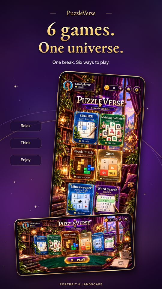 PuzzleVerse collection of six puzzle games in portrait and landscape