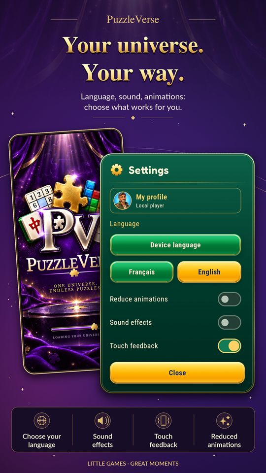 PuzzleVerse settings for language, sound effects, touch feedback and reduced animations