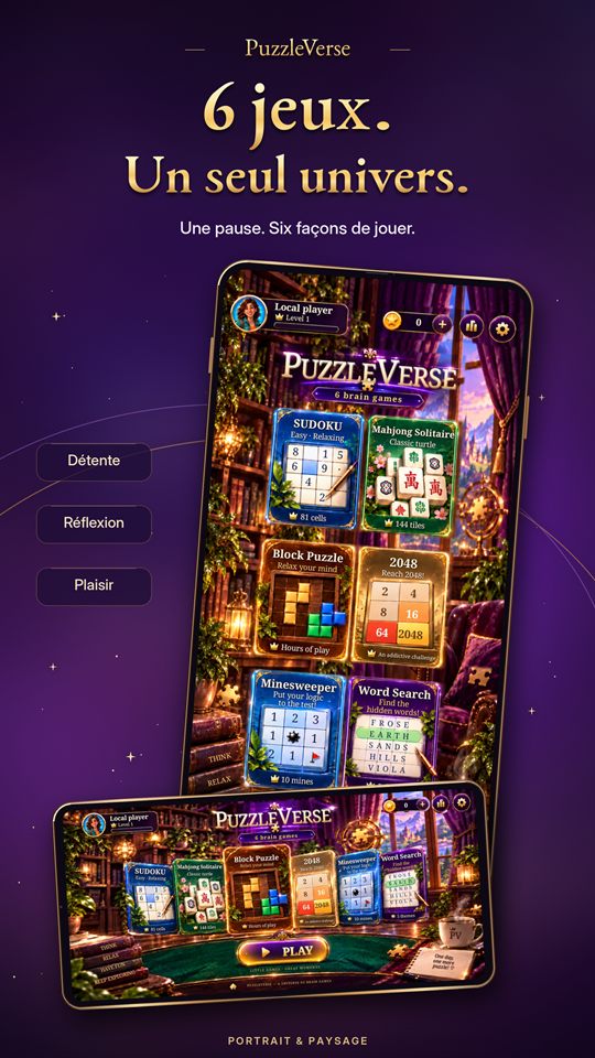 La collection PuzzleVerse et ses six jeux en portrait et en paysage