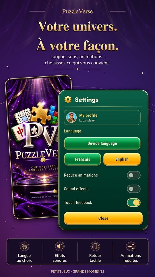 Réglages PuzzleVerse pour la langue, les sons, le retour tactile et la réduction des animations